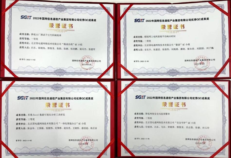 信產(chǎn)國電通四項QC成果分獲國網(wǎng)信通產(chǎn)業(yè)集團2022年優(yōu)秀QC小組成果一、二、三等獎